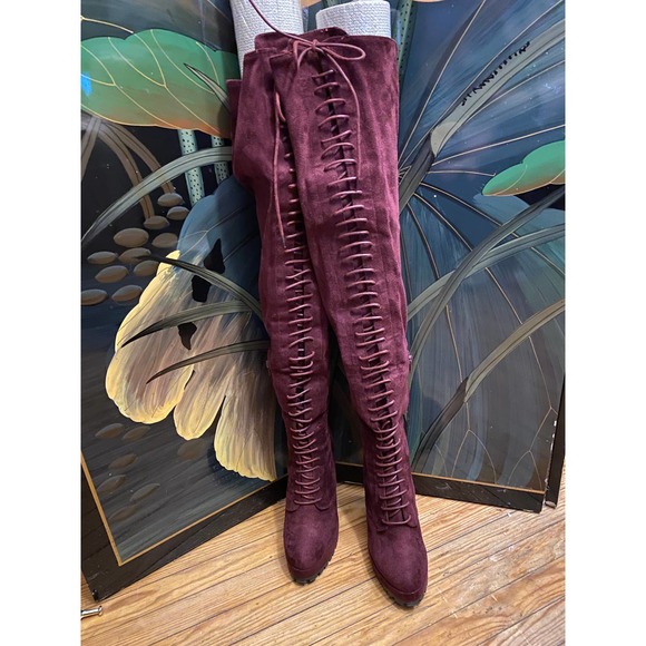 Remy Women thigh high lace up front suede boots Size 8.5 Purple - Picture 5 of 16